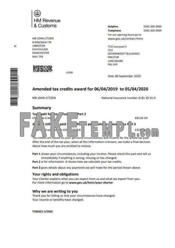 HM Revenue & Customs fake bank statement Word and PDF template